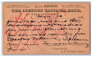 Creston IA Ottumwa IA Postal Card The Creston National Bank 12th Received 1891
