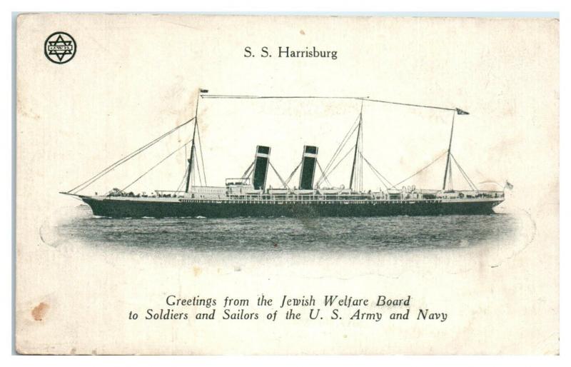 WWI SS Harrisburg Greetings from Jewish Welfare Board Judaica Postcard *5E2