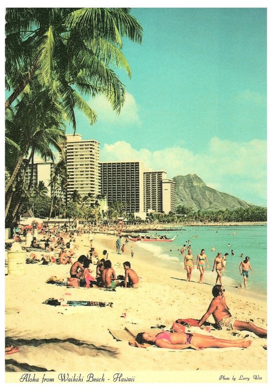 Vacationers on Beach Waikiki Diamond Head Coconut Palms Hawaii Postcard