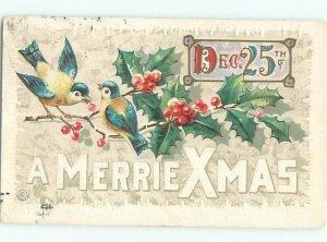 Pre-Linen Christmas CUTE BLUE AND YELLOW BIRDS WITH HOLLY AB5128