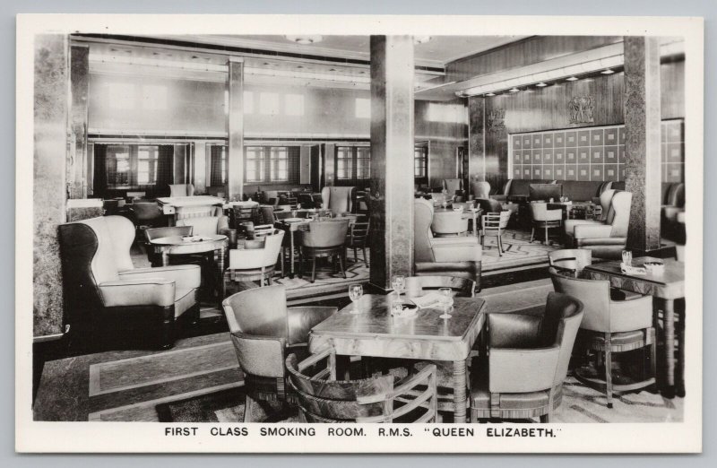 Real Photo Postcard~First Class Smoking Room RMS Queen Elizabeth~RPPC 