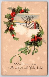 Wishing You A Joyous Yuletide Winter Snow Landscape Green Leaves Postcard