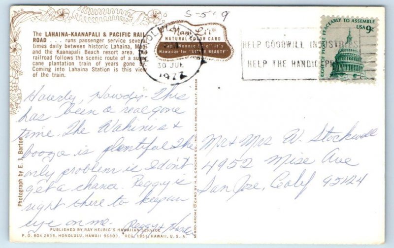 LAHAINA-KAANAPALI & PACIFIC RAILROAD, HI Maui Hawaii ~ TRAIN 1977  Postcard