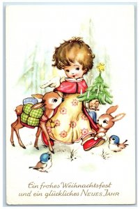 c1960's New Year Little Girl And Rabbit Song Bird Winter Scene Vintage Postcard