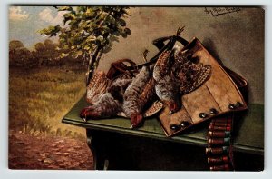 Hunting Season Postcard Muller Wildlife Rustic Bullet Belt Birds Germany Unused