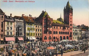 Switzerland Basel market place and town hall vintage postcard 