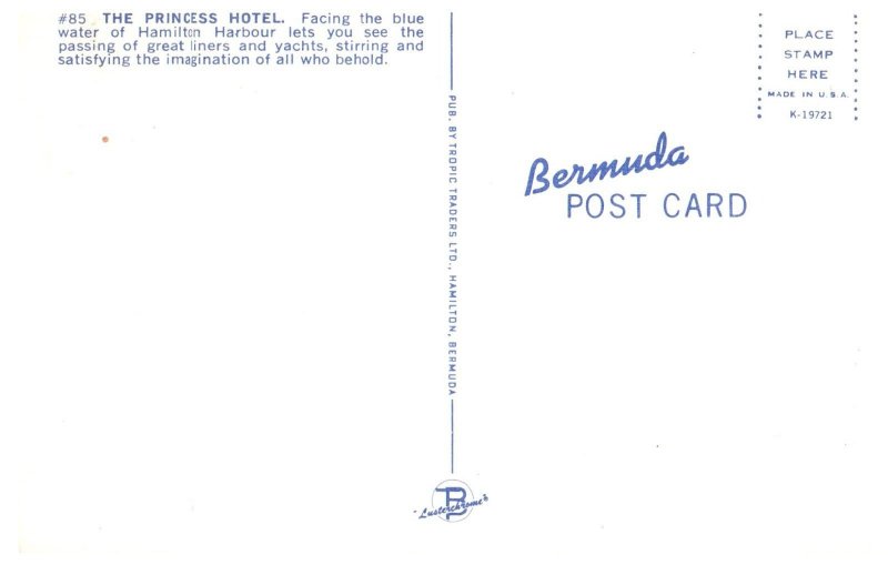 The Princess Hotel facing Hamilton Harbour  Bermuda Postcard