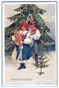 Artist Signed Postcard Christmas Children Winter Scene Pine Tree Finland c1910's