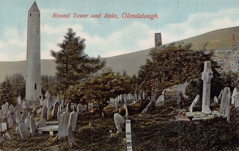 GLENDALOUGH-COUNTY WICKLOW-IRELAND~ROUND TOWER AND RUIN-POSTCARD