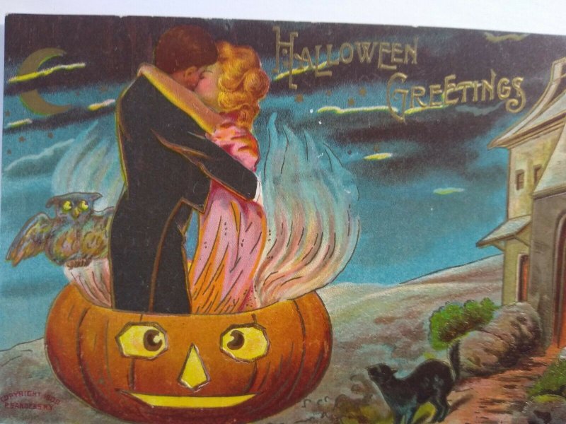 Halloween Postcard Haunted Castle Fantasy Kissing Couple Antique Sanders Unused  