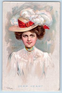 E H Kiefer Signed Postcard Pretty Woman Big Hat Feather Dear Heart Bamforth 1908