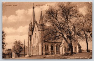 Jefferson Wisconsin~Lutheran Church~Bachmann Drug Co~Sepia Vintage Postcard