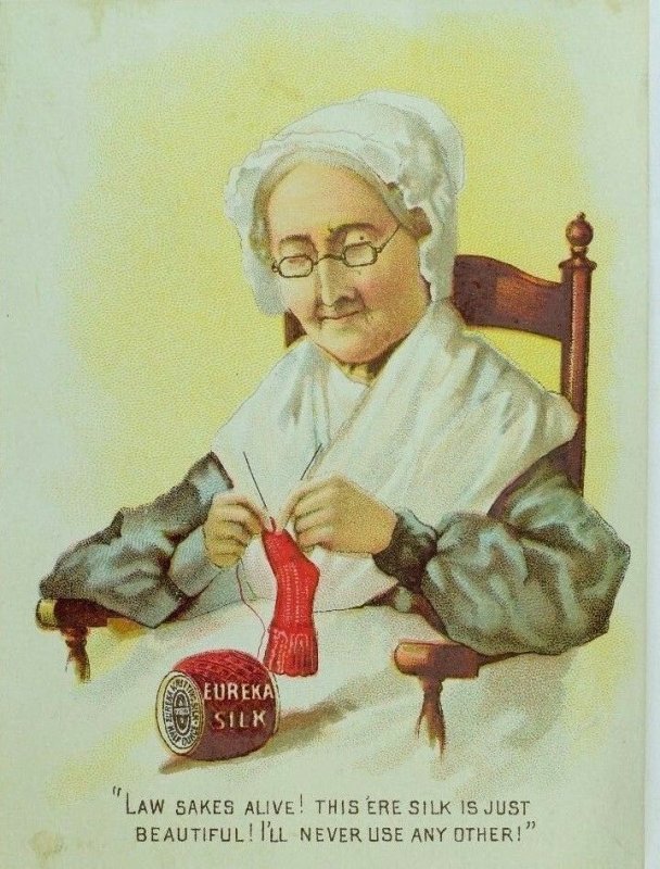 1880's Eureka Silk Thread Old Lady Knitting Sock Rocking Chair F98