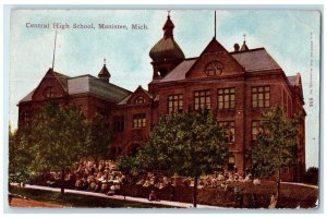 1921 Central High School Campus Building Students On Ground Manistee MI Postcard