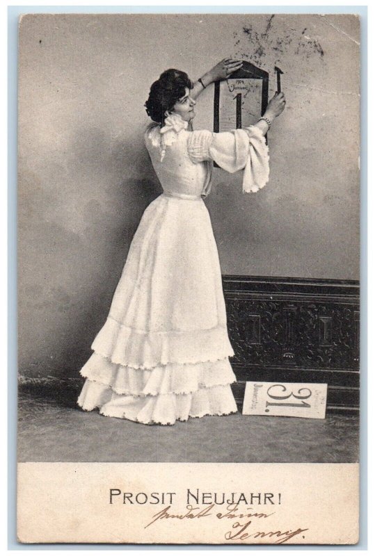 c1905 New Year Calendar Pretty Woman Dress White Hamburg Germany Posted Postcard 