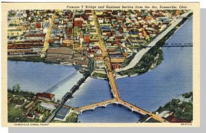 Zanesville, Ohio/OH Postcard,  Aerial View Of Y Bridge & Business Center