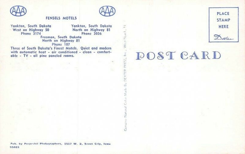 Yankton SD Fensels Motels Two Locations Duo View Postcard 