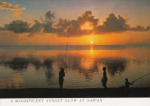 Fishermen With Magnificent Sunset Glow At Saipan