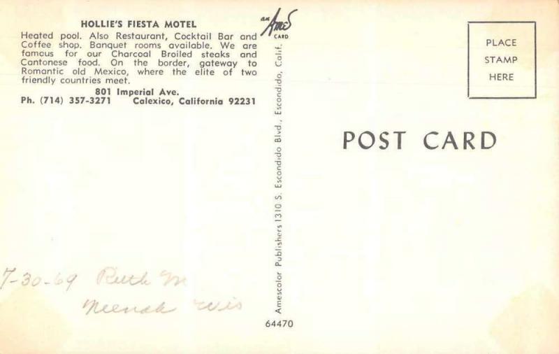 Calexico California Hollie's Fiesta Motel Vintage Postcard JA455748