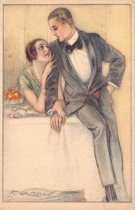 Love Romance Art by Mauzan Couple at Ball Flirting vintage postcard C330