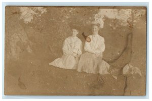 c1905 Girls Children Victorian Dress Hat RPPC Photo Antique Postcard 