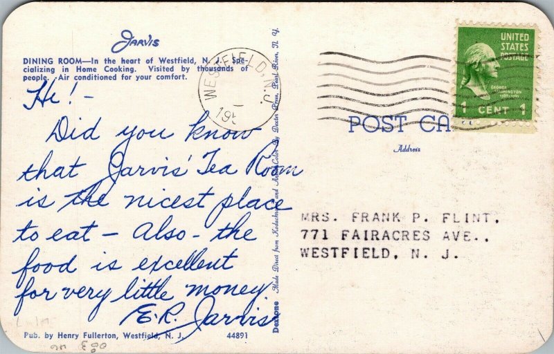 Vtg Westfield New Jersey NJ Jarvis Tea Room Restaurant 1950s Postcard