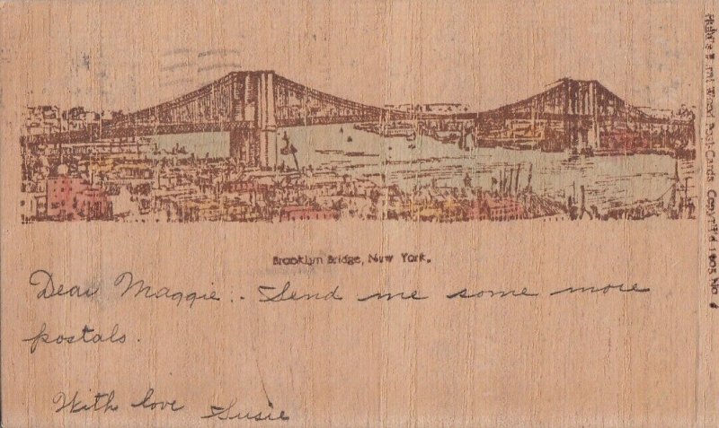 United States New York City Wooden Novelty Rare Postcard Brooklyn Bridge 1905 