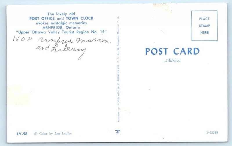 Post Office & Town Clock - Arnprior Ontario - CANADA Postcard