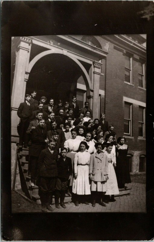 RPPC Students Children Group on Steps Outside Building Real Photo Postcard AZO