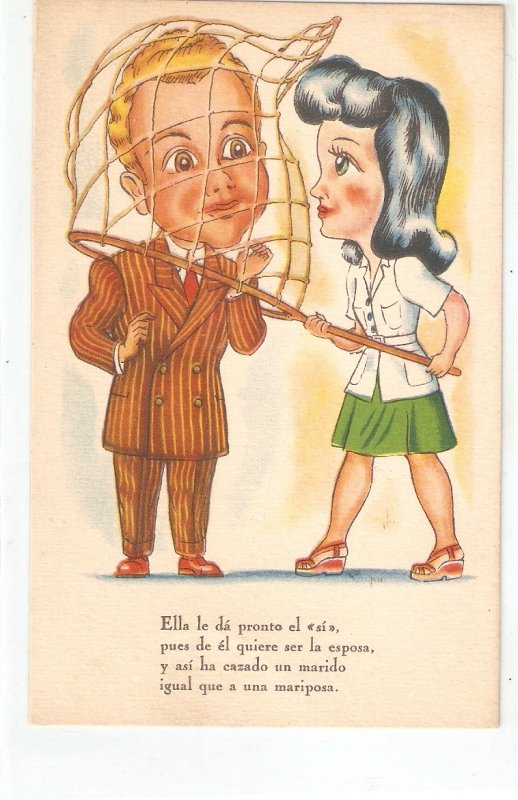 Man caught in a woman nest Humorous Spanish postcard 1950s