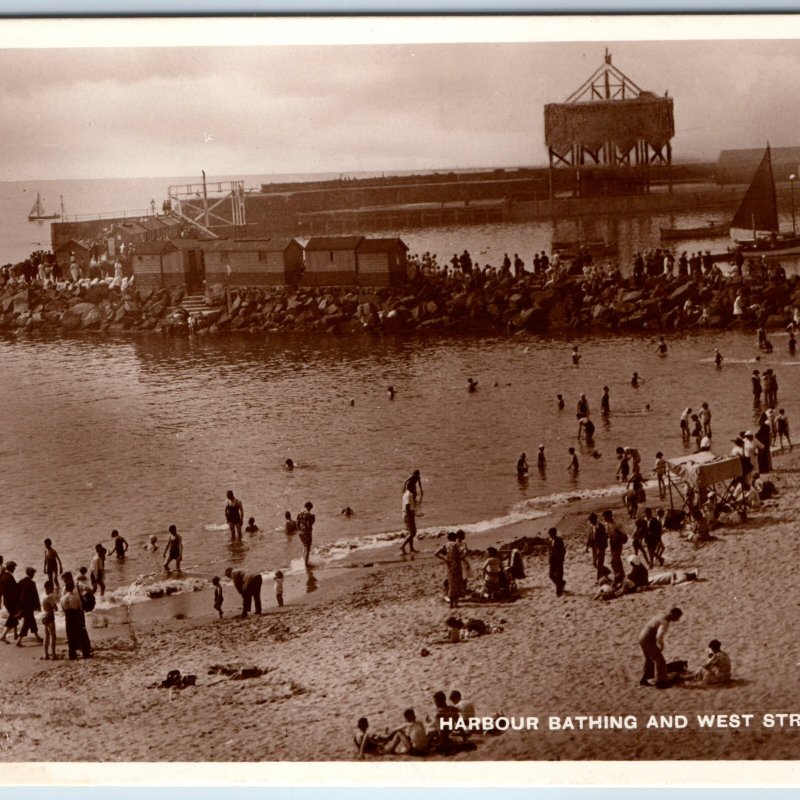 c1930s Portrush, N Ireland RPPC Harbour Bathing West Strand Beach Crowds A394