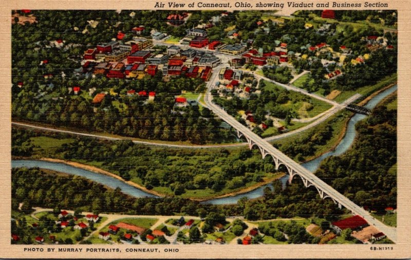 Ohio Conneaut Aerial View Showing Viaduct and Business Section Curteich