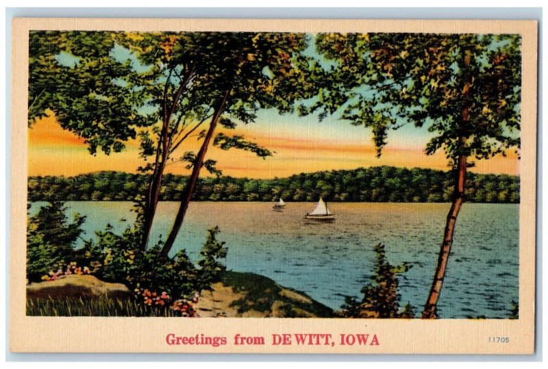 1940 Greetings De Witt Iowa IA Banner Sailboat Lake Vintage Antique Postcard