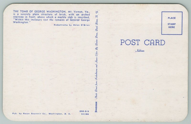 Mount Vernon Virginia~George Washington Tomb~Standard Chrome Postcard