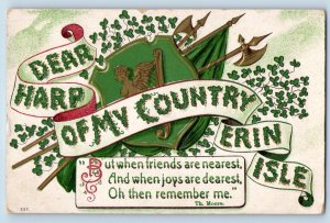 Seattle WA Postcard St. Patrick's Day Harp And Shamrock Embossed 1910 Antique