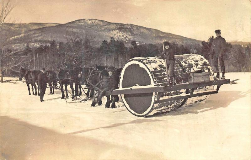 White Mountains NH Horse Drawn Snow Roller Real Photo Postcard