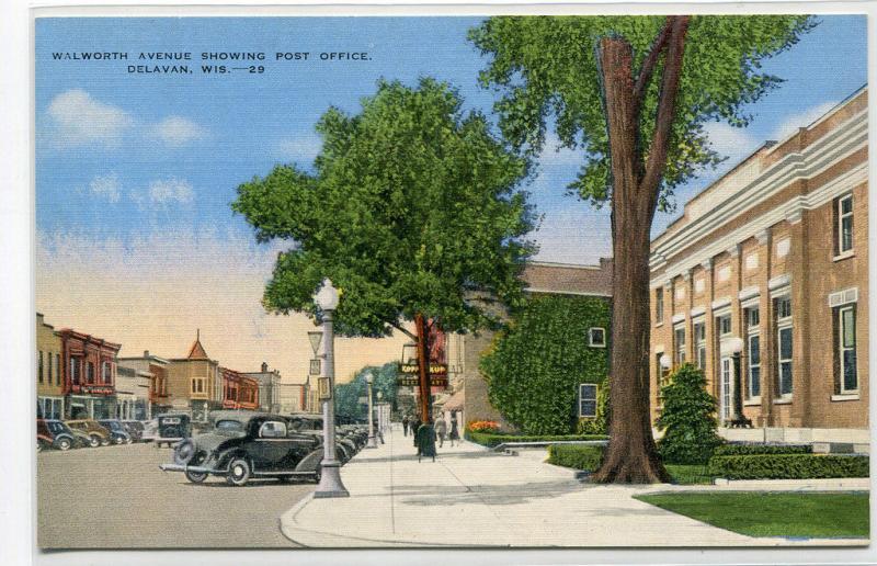 Walworth Avenue Post Office Cars Delavan Wisconsin linen postcard