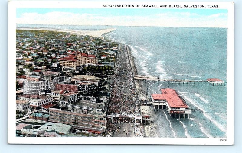 Postcard TX Galveston Aeroplane View of Seawall Beach and Town c1920s J2