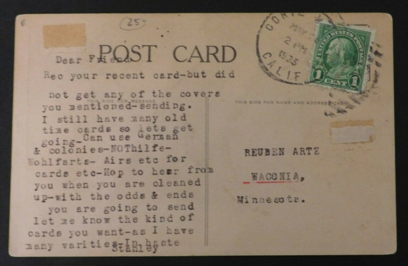 Rare 1935 New York to San Francisco via Panama Canal Postcard to Waconia, MN