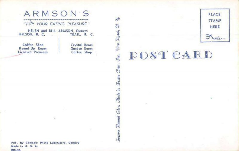 Nelson BC Canada Armson's Restaurant Vintage Postcard AA15069
