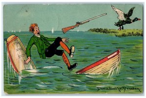 1907 Duck Hunting Man Boat Sinking Humor Donadini Jr. Dresden Antique Postcard