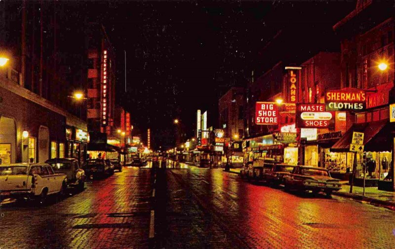 Main Street at Night Rockford Illinois 1960s postcard