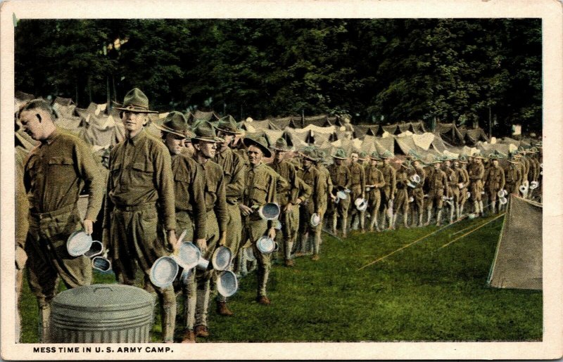 Vtg Mess Time in US Army Camp WWI Era 1917 White Border Postcard