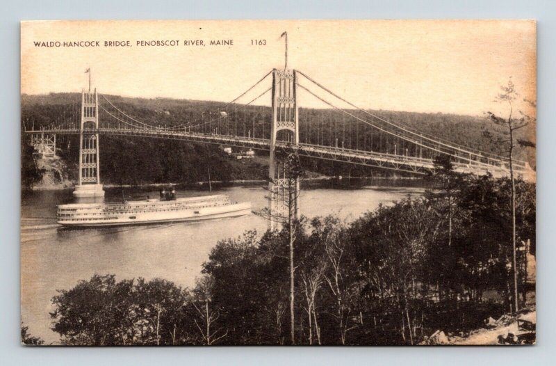 Waldo-Hancock Bridge Penobscot River Maine ME Postcard UNP WOB VTG Vintage 