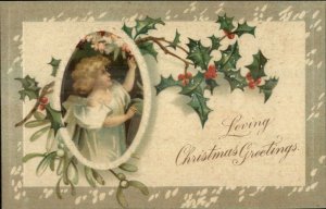 Christmas - Little Girl & Holly Berries - Clapsaddle? c1910 Postcard 