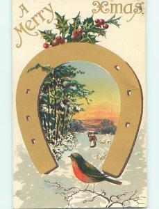 Pre-1907 christmas BEAUTIFUL BIRD UNDER LUCKY GOLDEN HORSESHOE HQ6143