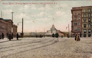 Postcard Market Square Capitol in Distance Providence RI