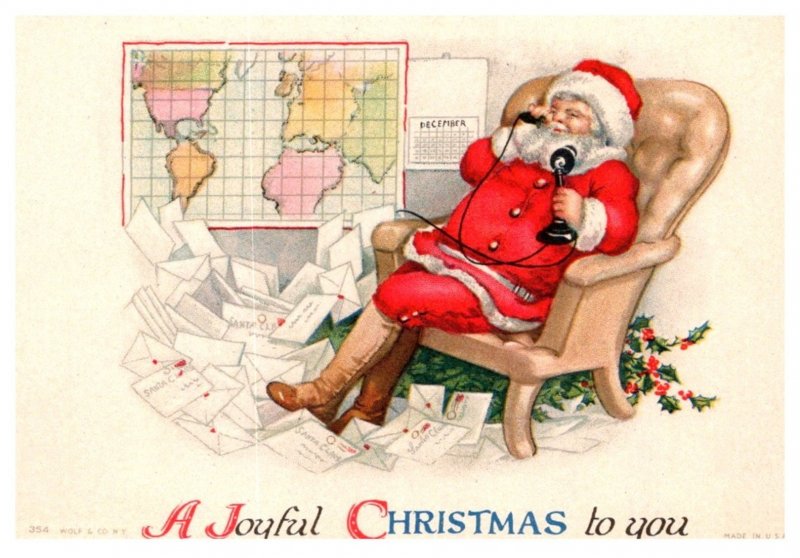 Santa Claus sitting, mail all around