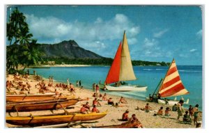 HONOLULU, HI ~ Beach Scene at Waikiki ~ OUTRIGGER, Catamaran 1953  Postcard