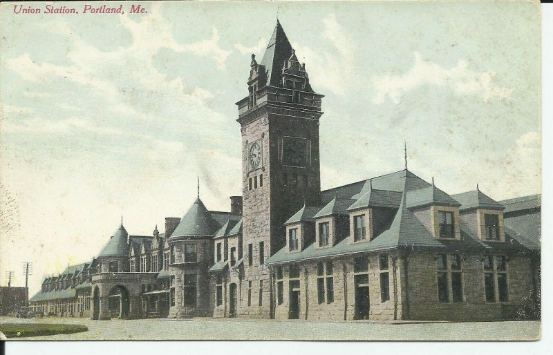 Union Station Portland Maine Railroad Train Depot 1908 Postcard